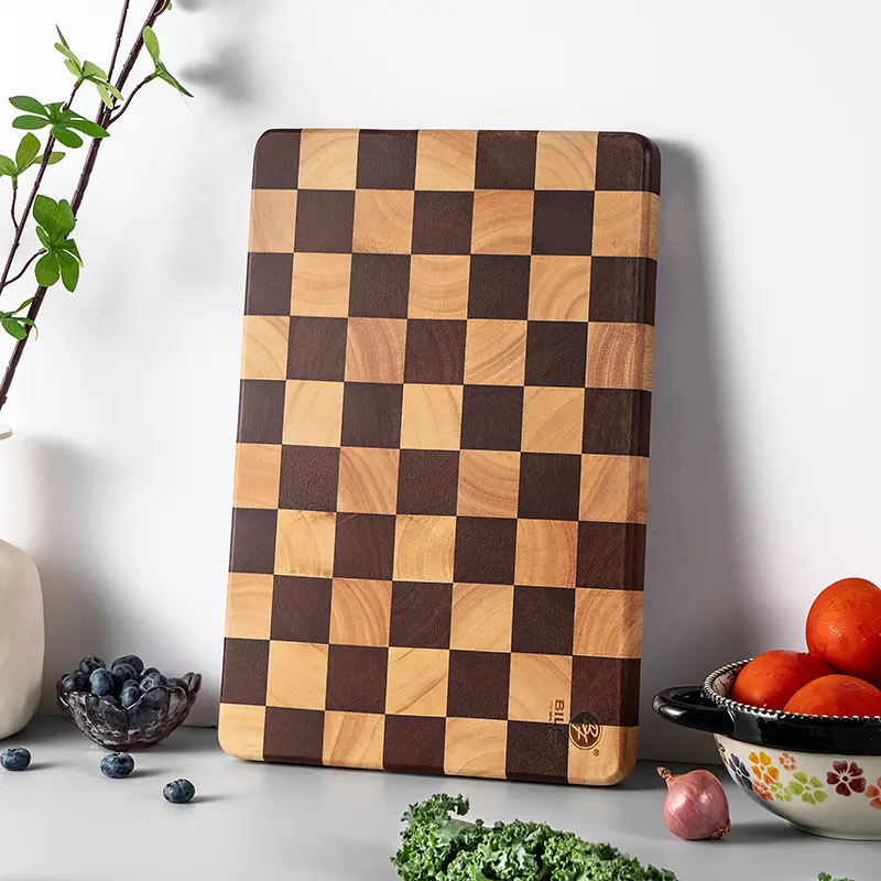 Classic Square Oil-Finished 2.5cm Thick Checkerboard End Grain Cutting Board, Waterproof Glossy Solid Wood Butcher Block, Non-Scratch Self-Healing Kitchen Chopping Board for Steak, Cheese