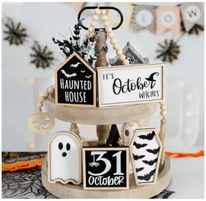 Halloween Decorations | 6PCS Halloween Tiered Tray Deco | Bat Coffin, Haunted House, Ghost, Witches, October 31 Sign, Bead Garland | Halloween Deco | Halloween Centerpiece for Table Shelf Pack Wood