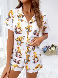 Women's 2-Piece Sunflower & Gnome Print Pajama Set, Lapel Cardigan Loungewear, Breathable Fabric, Cute Gnomes & Butterfly, Home & Outdoor Wear, All-Season Comfort Sleepwear, Pajamas Lounge Set