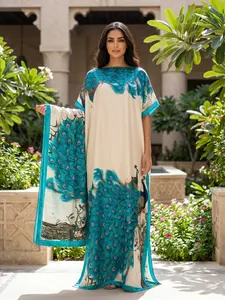 Elegant Peacock Print 2-Piece Caftan Set: Luxury Maxi Robe & Matching Shawl Wrap – Ideal for Resort Wear & Special Occasions