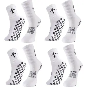 Cross Print Crew Socks Jspupifip 4 Pairs Cross Grip Soccer Socks Anti Slip Christian Socks with Bible Verse Jesus Sports Sock for Football Basketball Tennis Yoga Gym