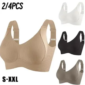 EssElegance 2/4 counts Women's Solid Wireless Bra, Comfortable Breathable Push Up Bra, Softness Lightweight Lingerie for All Seasons, Womenswear Lingerie for All Seasons, girl,Soft Comfortable Breathable Ribbed Push Up Seamless Bra, gift