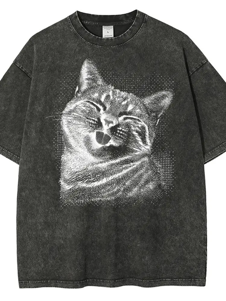 Happy Cat Tongue Out Graphic T-Shirt, Vintage Washed Style Tee, Pink Halftone Kitty Print, Gift For Cat Lovers