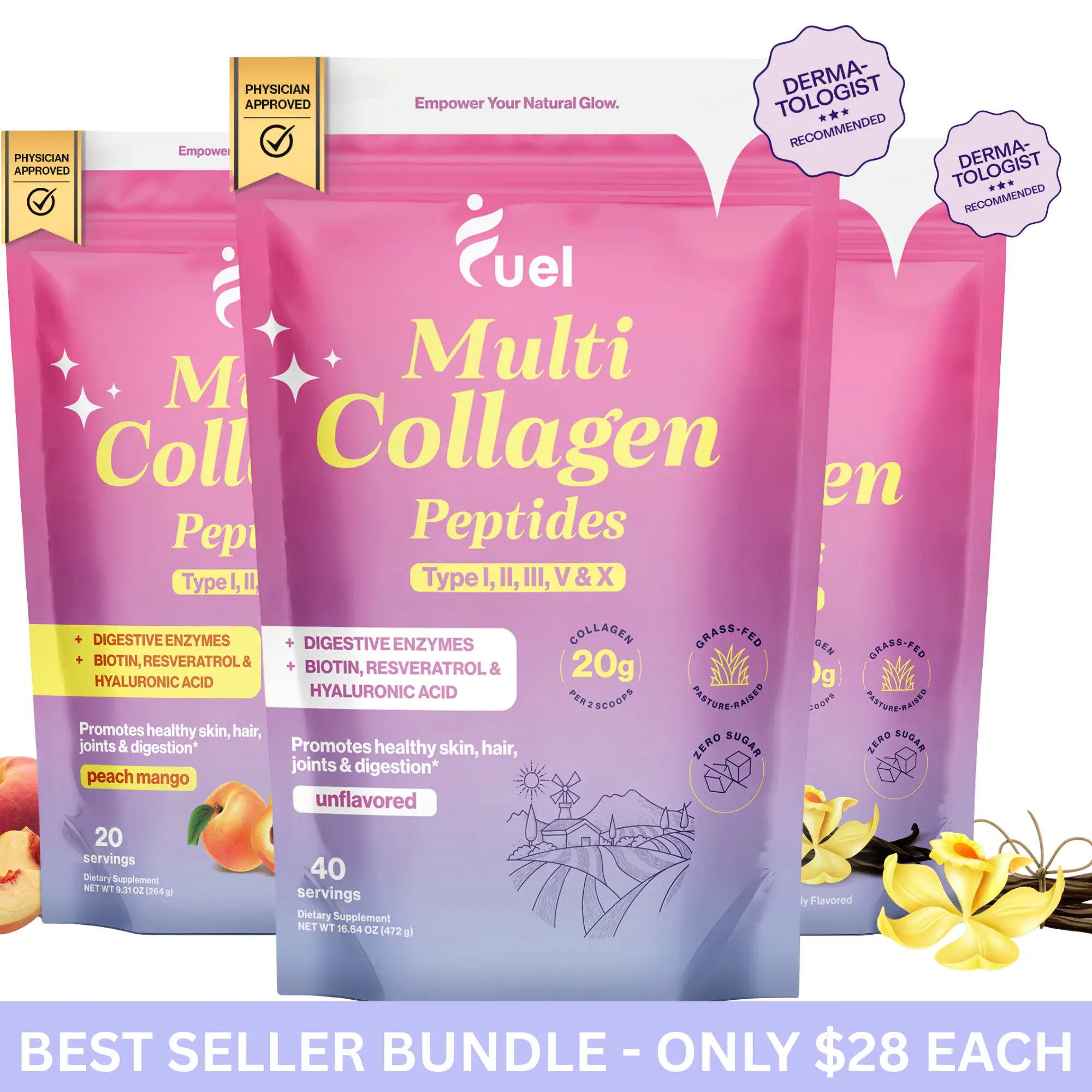 3 Packs bundle all flavors included Of Fuel Multi Collagen Peptides Hydrolized Protein Peptides With Hyaluronic Acid,Biotin, Resveratrol 11 Powerful