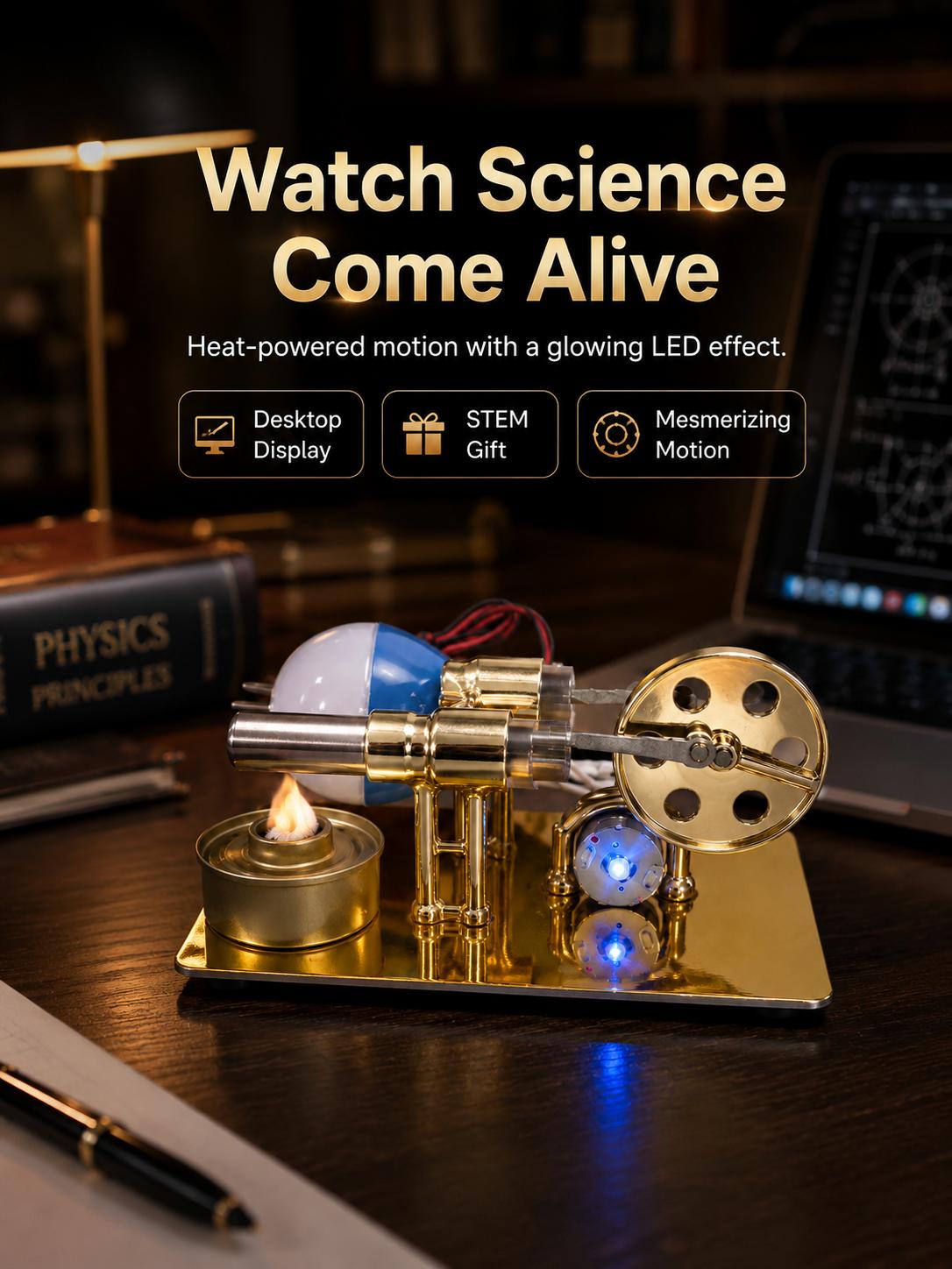 Heat‑Powered Stirling Engine Model with Burning Fuel & LED Motion Desk Toy