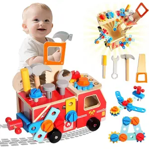 Toddler Tool Set - 33 PCS Wooden Kids Tools with Firetruck-Shaped Box / Bench, Montessori Educational Pretend Play Preschool Toys Gifts for 3 Year Old boy Girl Kids, STEM fine Motor Skills Tool Set