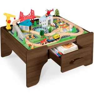 Wooden Train Set Table for Toddlers, 56pc Multi-Activity Table for Kids w/Toy Storage Drawer & Reversible Top