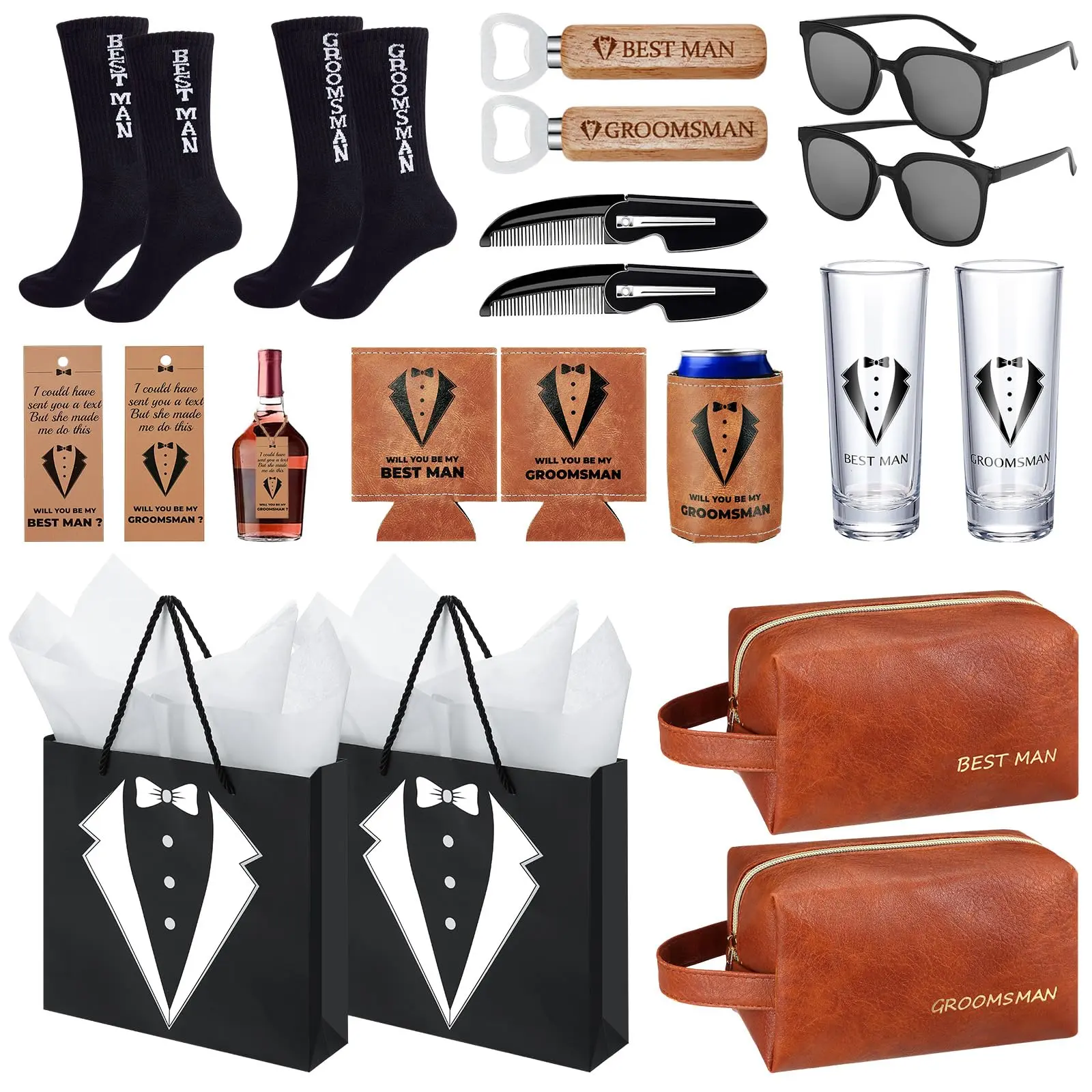 20pcs Groomsmen Gifts Proposal Box With Shot Glasses Socks Sunglasses Pu Leather Toiletry Bag Bottle Opener Can Cooler Groomsman For Wedding Man Gift (20  Brown)