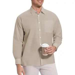 Men’s Oversized Solid Color Long Sleeve Silky Cotton Boxy Casual Dress Shirt - Lightweight Comfortable Button Down for Daily Office Party