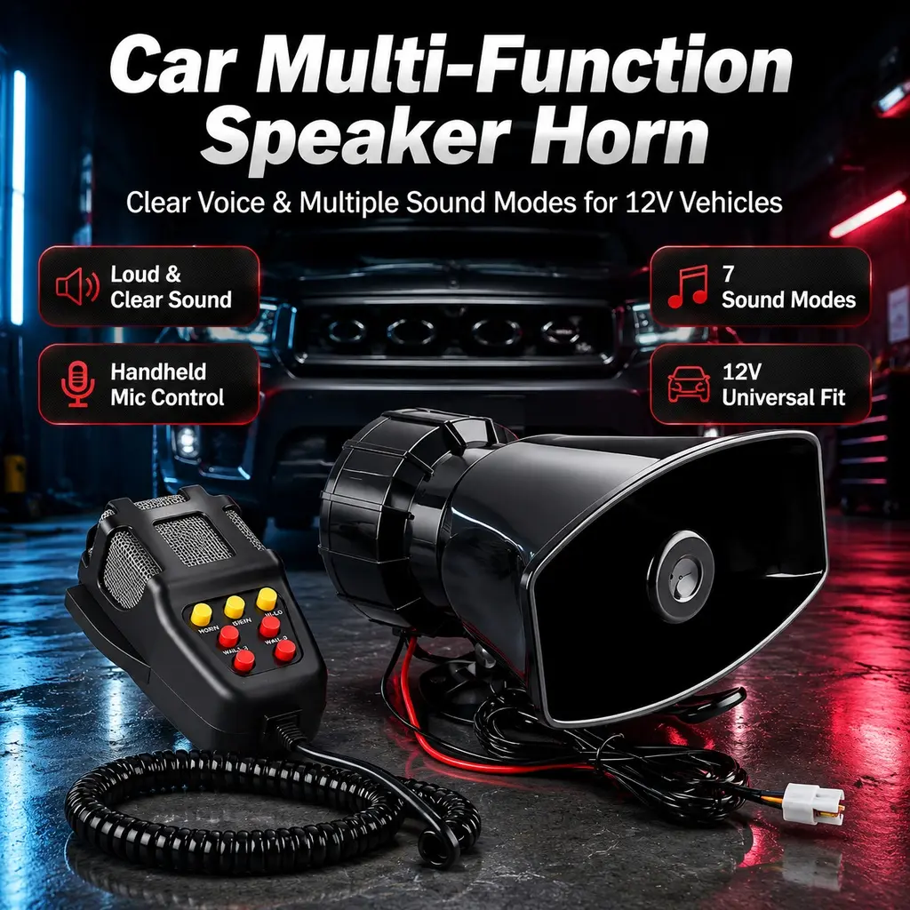 12V car audio amplifier speaker kit, multi-channel car booster speakers, includes a handheld wired microphone, universal vehicle audio amplifier for cars, motorcycles, trucks, and RVs, suitable for outdoor vehicle use