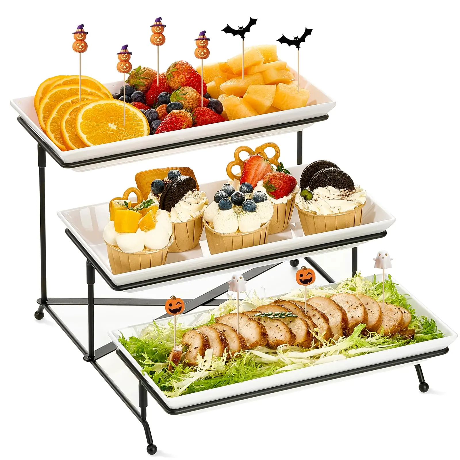 3-Tier Serving Tray Set with 12 in Sturdy Stand, Collapsible Cross-Bar Stable Design, Reusable Counter Party Platter for Veggie, Fruit