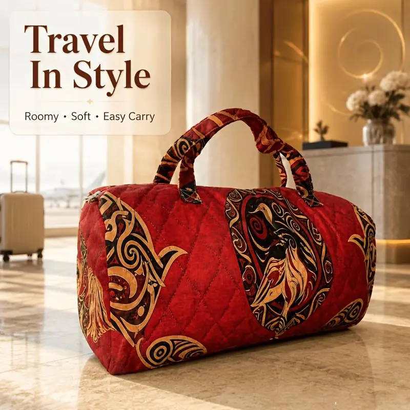 Printed Design.Not Textured.Embroidery.Sequins Vintage Phoenix Totem Red Pattern Quilted Duffle Bag, Soft Large Capacity Polyester Handbag Portable Weekend Travel Luggage Bag