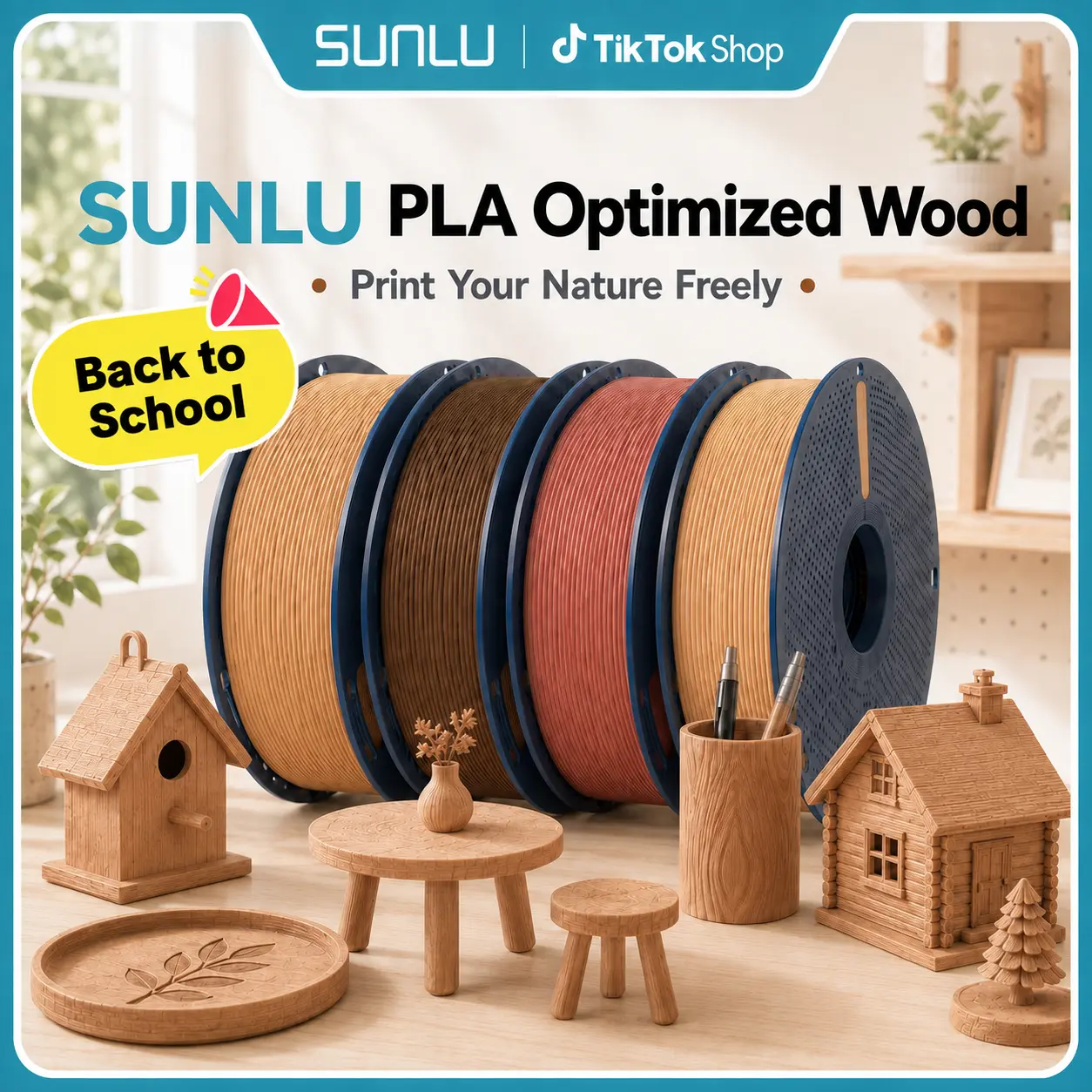 Back to School | SUNLU Authentic Wood PLA 3D Printer Filament, 1KG Roll, 1.75mm × 330m, Natural Matte Finish, Enhanced Wood Texture, High-Speed Printing Compatible