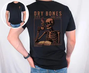 Mens Cotton Graphic Tee Dry Bones Come Alive Scripture Print Shirt Christian Faith Based Inspirational Religious Streetwear Soft Breathable Short Sleeve Crewneck Casual Everyday Wear Gift Idea Biblical Quote Top
