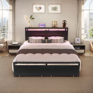 Bed Frame with 2 Storage Drawers, Luxury Bed Frame with Charged Headboard and LED Lights, No Box Spring Needed, Black king Bedframe solid metal black oak