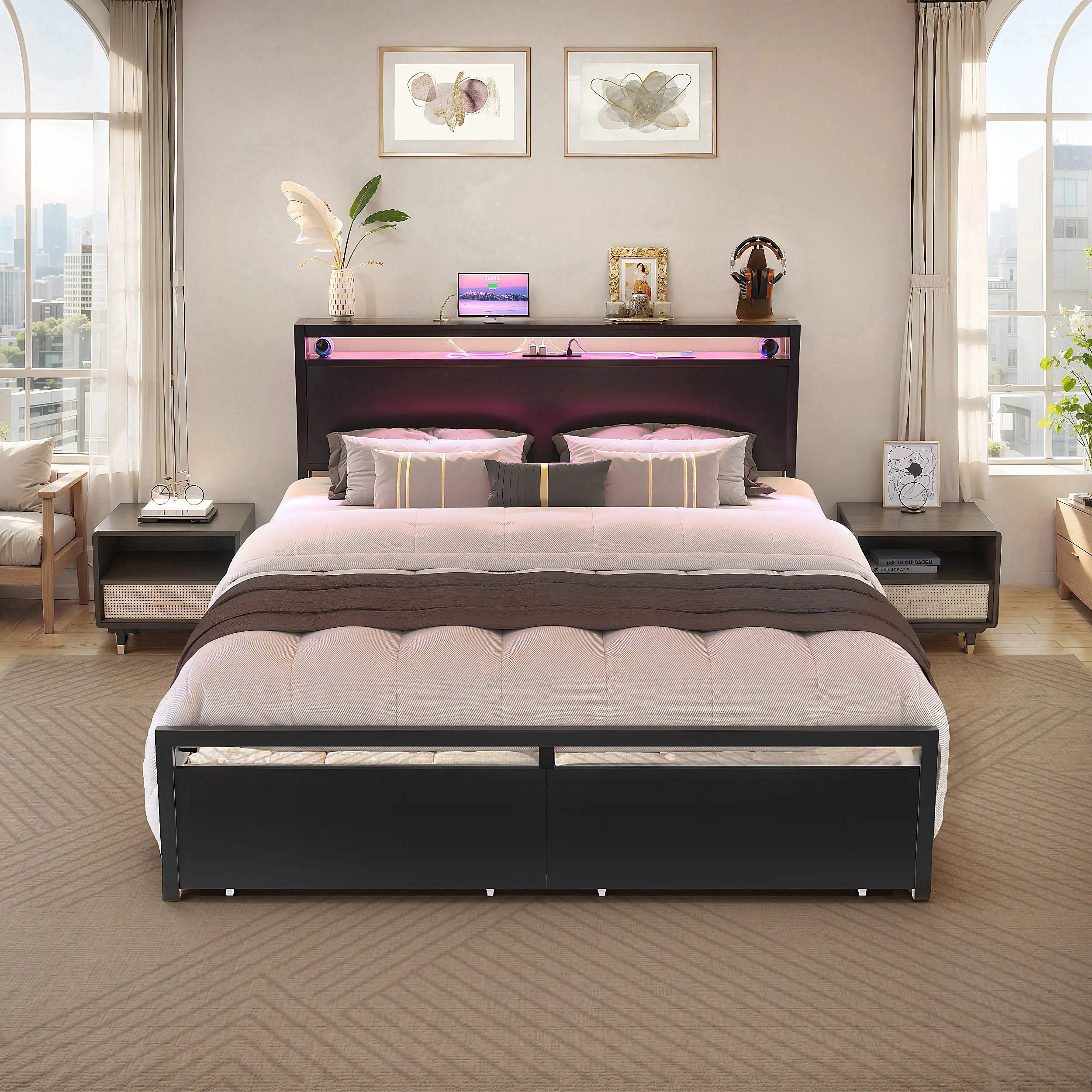 Bed Frame with 2 Storage Drawers, Luxury Bed Frame with Charged Headboard and LED Lights, No Box Spring Needed, Black king Bedframe solid metal black