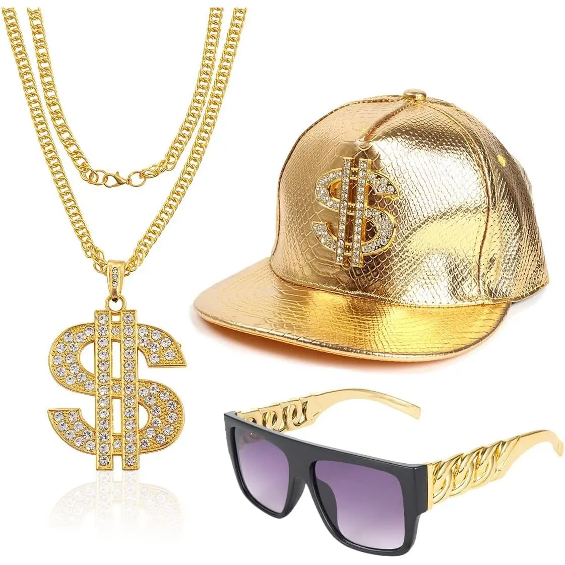 80s 90s Hip Hop Costume Set for Adults, Unisex High-Quality Accessory Kit - Crocodile Baseball Cap, Resin Sunglasses, 28.3in Gold Dollar Sign Pendant Necklace, Hip Hop Style, 28.3 Inches Chain, Unisex Accessory