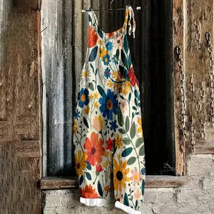 Vintage Large Flower All-Over Print Women's Adjustable Strap Jumpsuit, Polyester Fiber Fabric, Lightweight And Breathable, Women's Clothing, Standard Size Jumpsuit, Plus Size Women's Clothing, Plus Size Jumpsuit And Romper, Plus Size Jumpsuit
