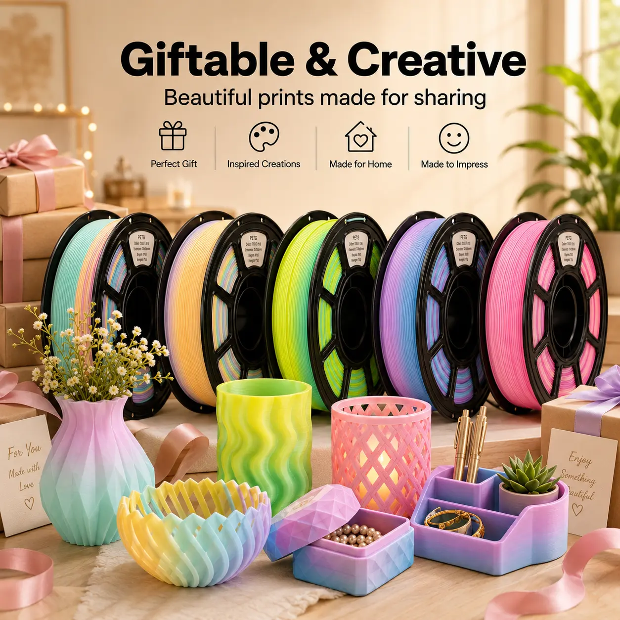 FILAZOO Gradient Rainbow PETG 3D Printer Filament, Perfect Gift for DIY Craft Lovers, Smooth Color Shift Print for Home Decor Creative Projects