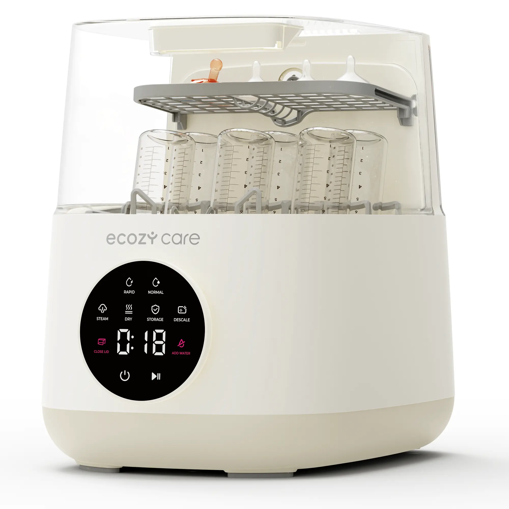 ecozy Baby Bottle Washer and Sterilizer and Dryer, All-in-One Baby Bottle Cleaner for 6 Bottles, Breast Pump Parts & Pacifiers, 39 Spray Jets, 360° Washing, Steam Sanitizing, Drying, Storage & Descale