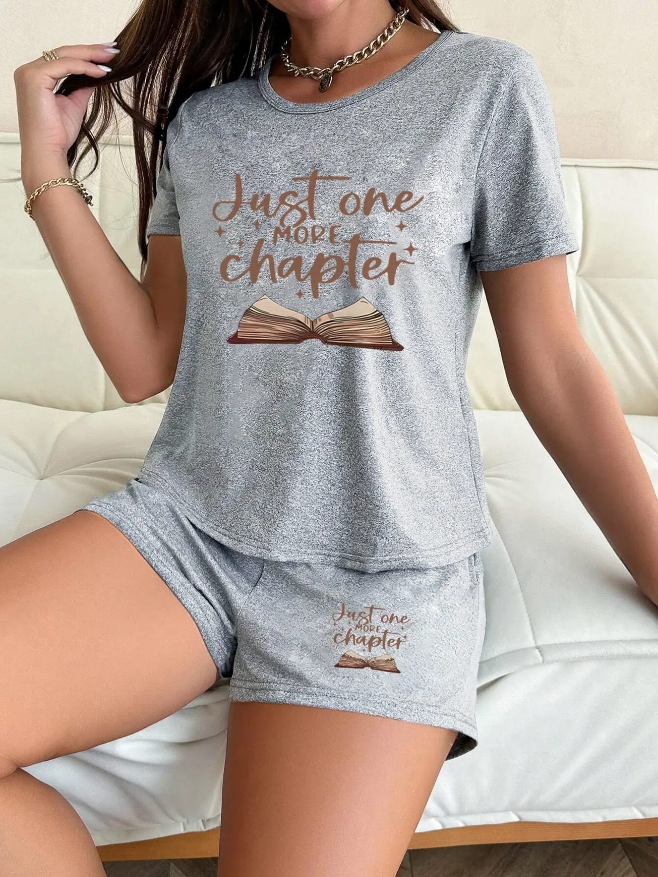Women's Casual Loose-Fitting Pajama Set, Pajama Suit, Random Letter Book Print, Comfortable Sleepwear, Ideal for Home Wear, Soft and Cozy, Loungewear, Pjs, Everyday, Pajamas
