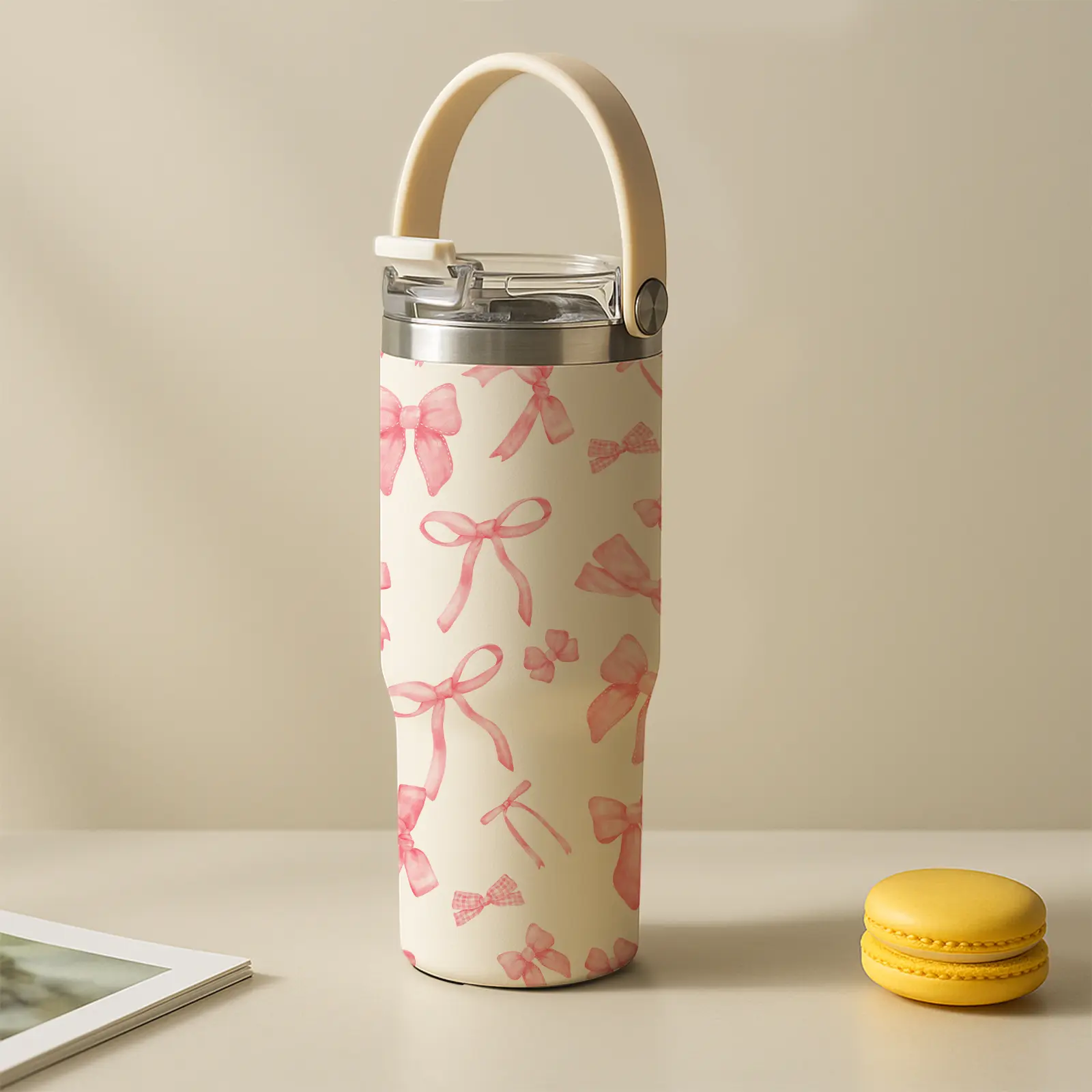 AuraCup 30oz insulated mug, Insulated Travel Drinkware, Stainless Steel Flask, Vacuum insulated tumbler, double wall thermal cup with leak-proof lid, pink bow style, gift for women, keeps warm 12h cold 24h, cup for work school travel