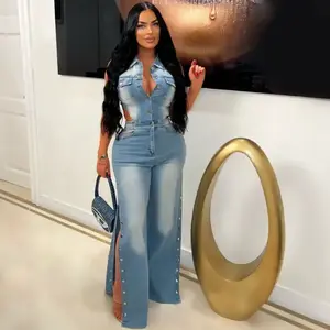 summer spring clothes Jumpsuits Women Denim Pants One Piece Sleeveless Turn Down Collar Overalls Sheath Sexy Straight Long Pant Rompers Slim Fit