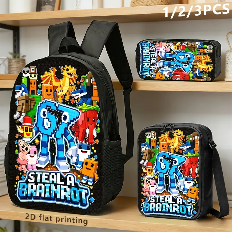 Steal a Brainrot 3-Piece Backpack Set, Viral Meme Pixel Characters Print School Bag + Lunch Bag + Pencil Case, Oxford Cloth Adjustable Strap Daypack for Gamers & Meme Fans