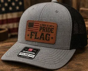 Leather Patch Trucker Hat - Pride Flag & Vintage America Printed Design, Auto-Adjusting Flag Accent Front Patch Hat for Patriotic Wear, Leather Patch Hats, America Printed Hats