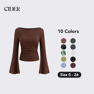 Cider Boat Neck Solid Ruched Long Sleeve Tee Dealsforyou