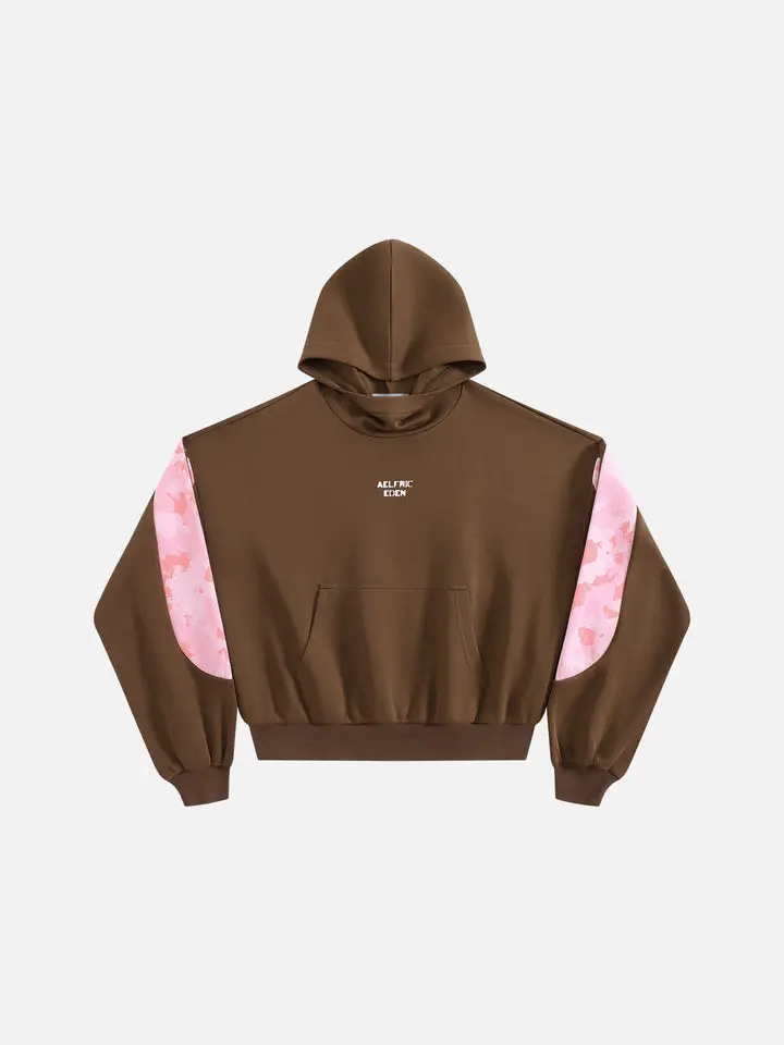 Aelfric Eden Boxy CAMO Panel Pullover Hoodie Oversized Boxy Cropped Fit Pink Camo Sleeve Panel Detail Pocket Soft Fabric Retro Streetwear Unisex Top
