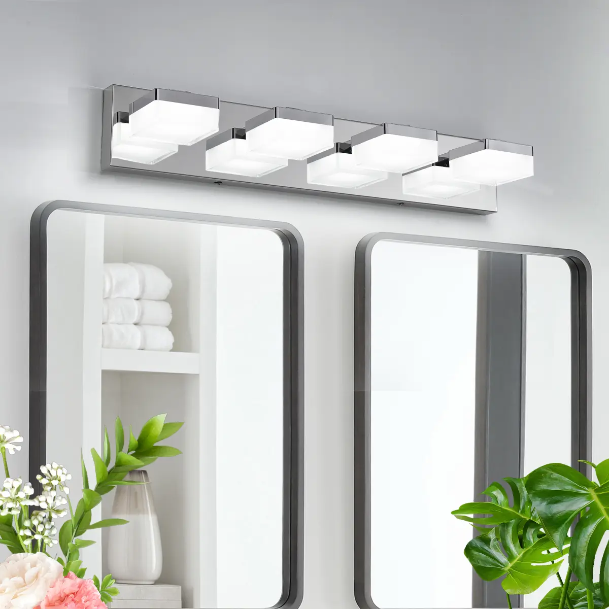 Modern Chrome LED Vanity Light, 4-Lights Wall Sconce for Bathroom and Mior, Sleek Minimalist Design, Energy-Efficient, Easy to Install