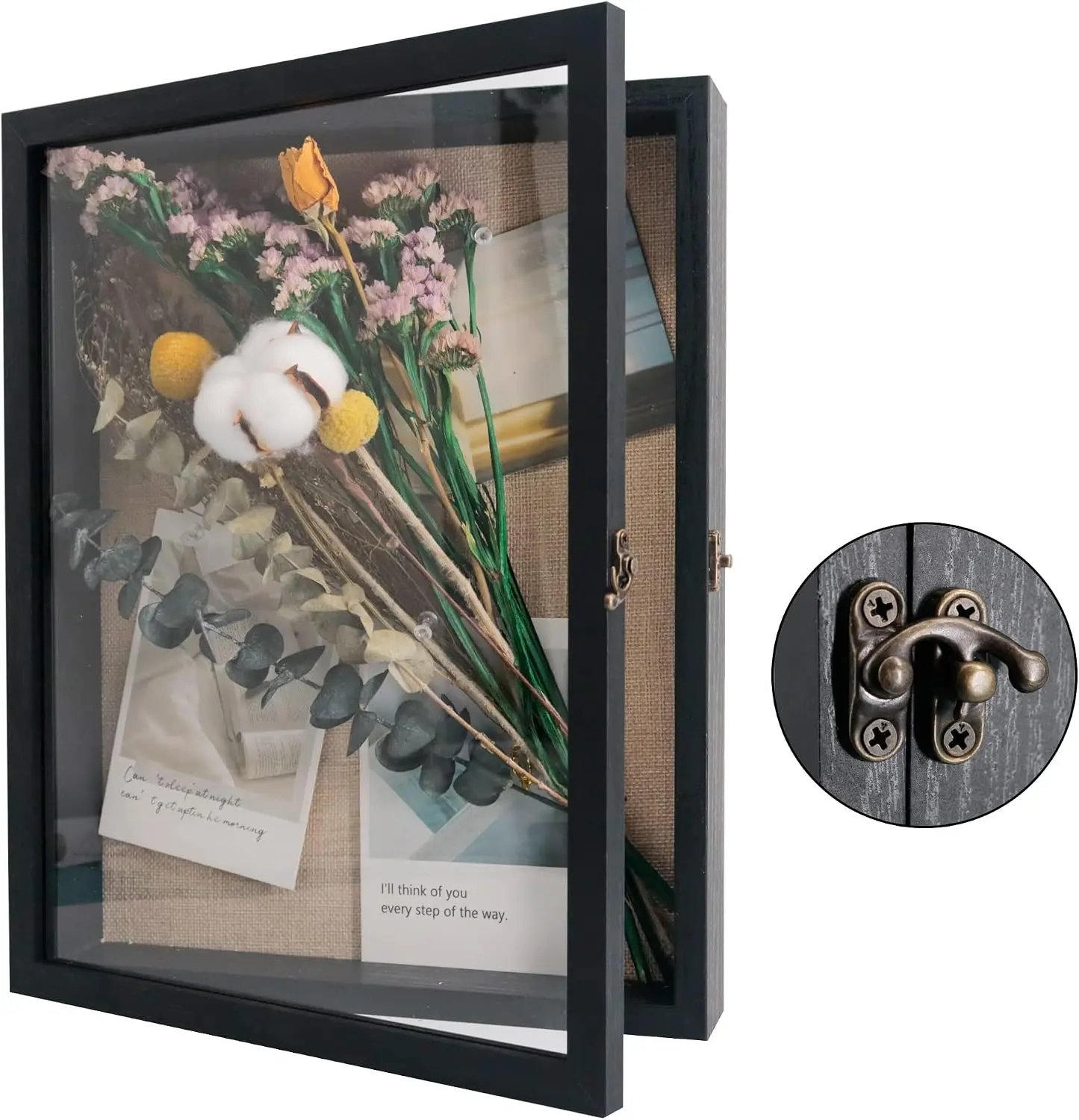 11x14 Shadow Box Display Frame with Linen Back, Real Glass Hinged Door, Memory Box for Wedding Bouquet Memorabilia Medals Photos Keepsakes, Rustic Black