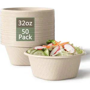32 Oz Deep Paper Bowls Disposable Bowl - Disposable Heavy Duty Compostable Bowls, Sugarcane Bagasse Biodegradable Bowl for Soup, Salad, Dessert, Ice Cream [50 Pack without Lds]