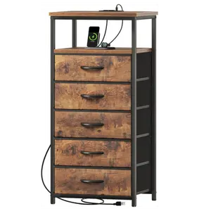 5 Drawers Dresser with Charging Station, Dresser for Bedroom, Tall Night Stand, Chest of Drawers with Open Shelf, Bedside Table Nightstand, Fabric Dresser, for Entryway