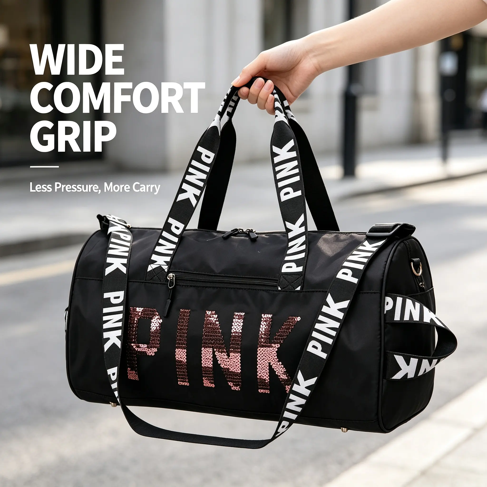 Black Sequin Gym Duffle Bag for Men and Women, Waterproof Sports Weekend Overnight Travel Bag, Large Capacity Carry On Shoulder Handbag getaway