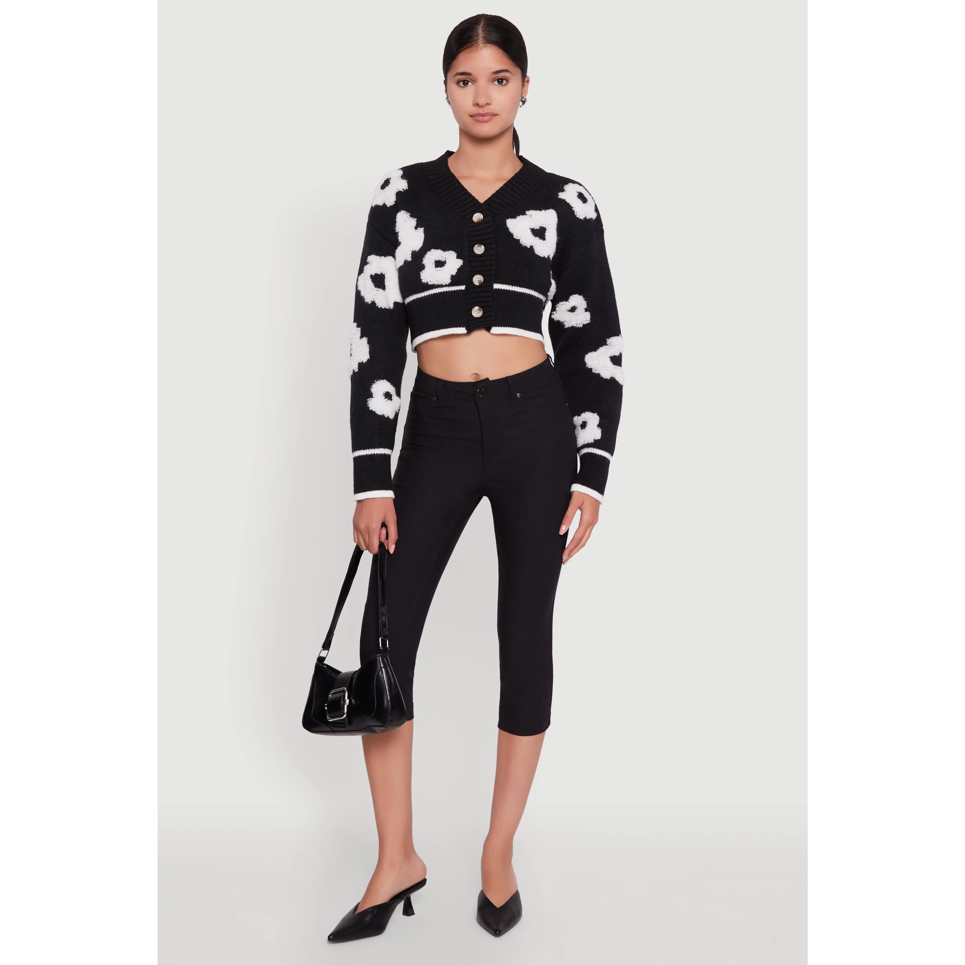 Chenille Floral Brushed Knit Cropped Cardigan