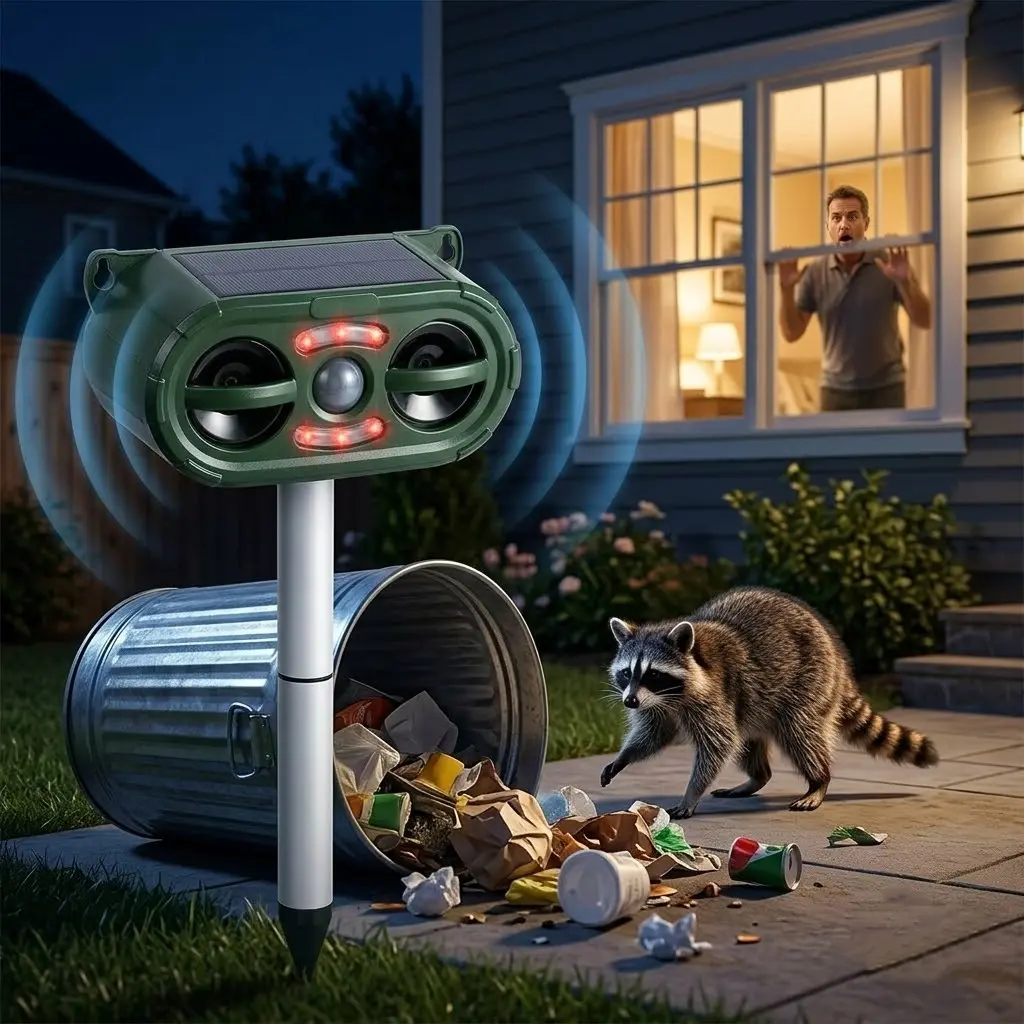 Solar Animal Repeller Pest Control Solutions - 110° Detection Angle, 5 Working Modes, Flashing Red LED Lights, IP44 Waterproof Housing, Motion Sensor for Outdoor Garden (Repels Deer, Squirrel, Cat, Raccoon, Skunk, Rabbit, Dog, Rodent, Multi-Insect)