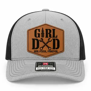 RabbitTees Girl Dad Trucker Hat, Leather Patch Richardson 112 Trucker Hat, Snapback Mesh Cap, Father's Day Hat Gift