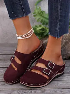 Women's Retro Double Buckle Mules, Comfortable Soft Sole Slip-On Shoes, Large Size Cross-Border Casual Footwear, Party Beach Sandals