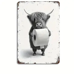 Whimsical Highland Cow With Toilet Paper Metal Tin Sign Charming Bathroom Wall Art Quirky Farmhouse Decor