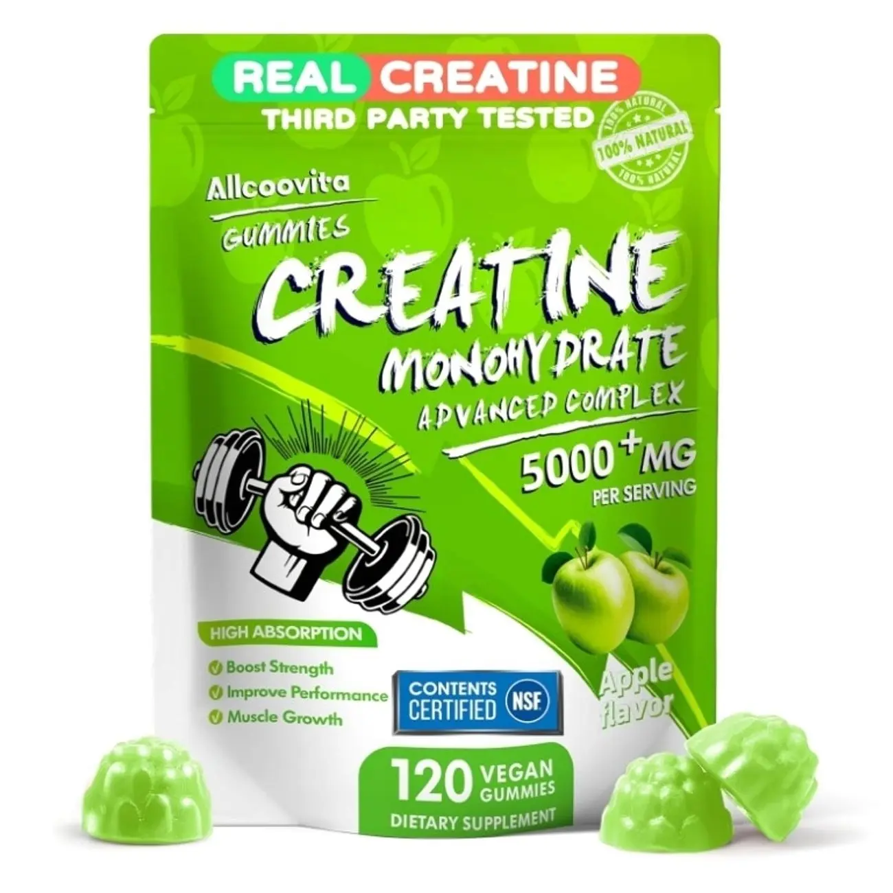 Creatine Gummy - Creatine Monohydrate Gummies 5000mg for Men & Women -120 Gummies Advanced Formula, Muscle Strength, Muscle Builder, Energy Boost, Pre-Workout Supplement-Apple