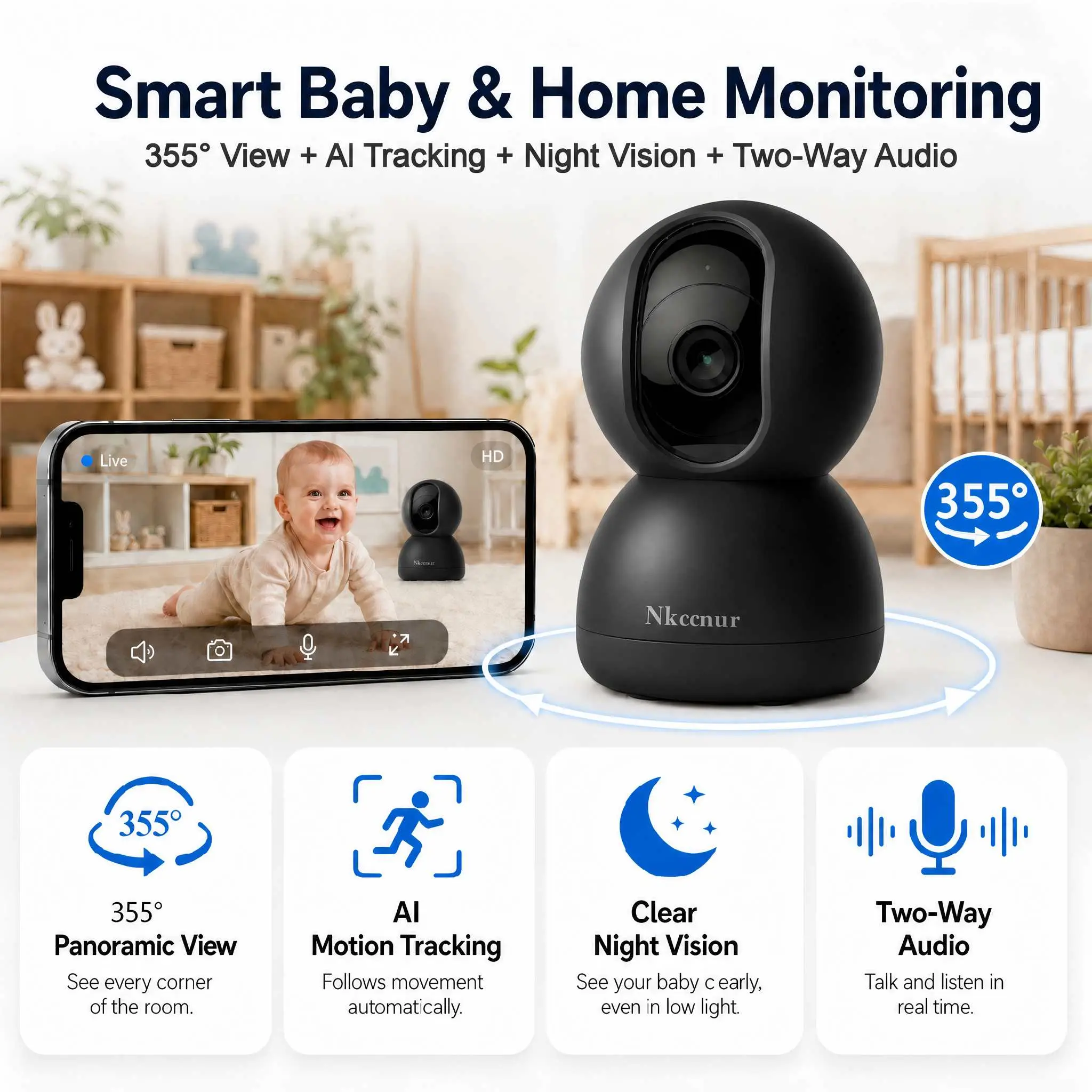 1pc 5MP Indoor Security Cameras with Two-Way Audio, Smart Motion Tracking, 355° Panoramic View, Real-Time Recording & HD Night Vision – Perfect for monitoring pets, kids, and seniors.