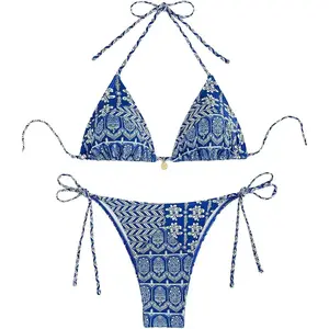 Women's High Waisted Bathing Suit Allover Floral Print Triangle Halter Swimsuit Bikini Set 2 Piece