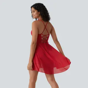 Halara Backless Lace Up 2-in-1 Pocket High Low Contrast Mesh Flowy Mini Dance Active Dress