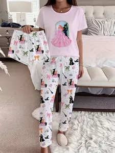 Wicked Broadway Pajama Set for Women, Cartoon Print Fitted Sleepwear, Short Sleeve + Shorts + Long Pants, Elegant Home