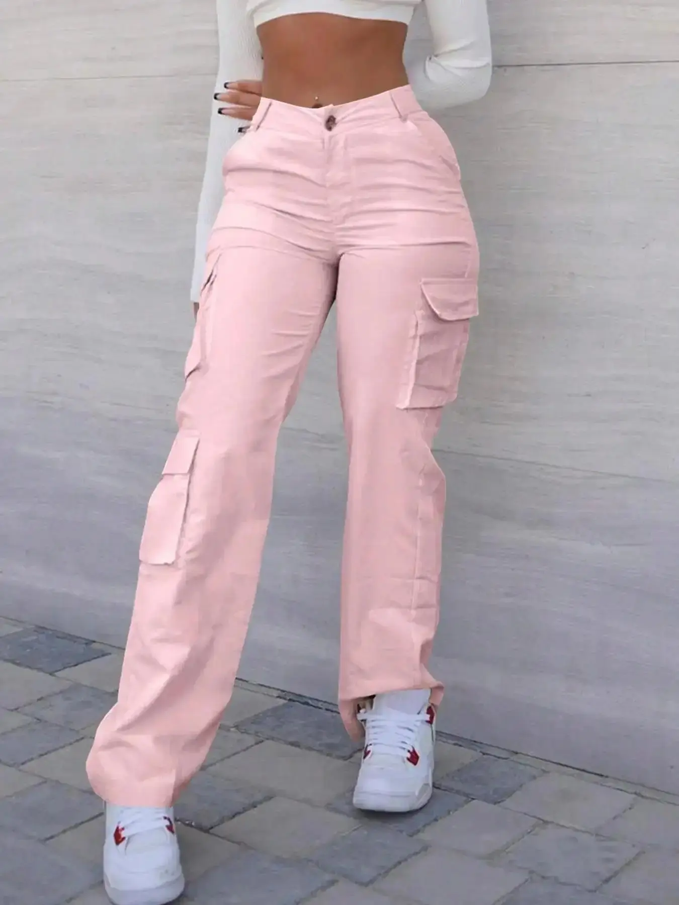 Women's Plain Woven Pocket Button Cargo Pants Street Fashion Basic Casual Elastic High Waist Straight Leg Trousers for Everyday Wear Ladies Bottoms All Seasons Womenswear everyday comfort multi pocket