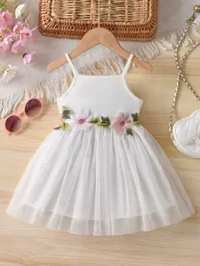 Baby Girls' Cute Floral Mesh Dress, Floral Printed Dress, Sleeveless Halter Neck Summer, Comfortable & Stylish Baby Clothing, Perfect for Playtime