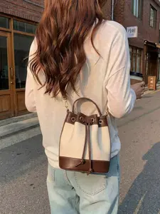 Women's PU Colorblock Commuter Bucket Bag, Lightweight Fashion Handbag, Work Commute Shoulder Crossbody Bag, Perfect Gift for Teachers, Adjustable Crossbody Bag