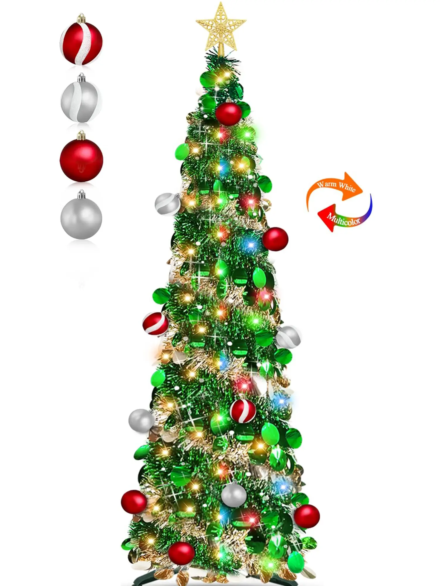 [Dual Color+Timer] 5 Ft Pop Up Christmas Tree with 50 Warm White&Colorful Lights 8 Modes, Tinsel Pencil Collapsible Xmas Tree, Easy Assembly, Balls 3D Star Sequins, Home Party Apartment Decor